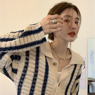 Áo khoác cardigan dệt kim Sọc Xanh Nữ Phong Cách Hàn Quốc Chất Liệu Mềm Mại Thân Thiện Với Da Thích Hợp Mặc Hàng Ngày