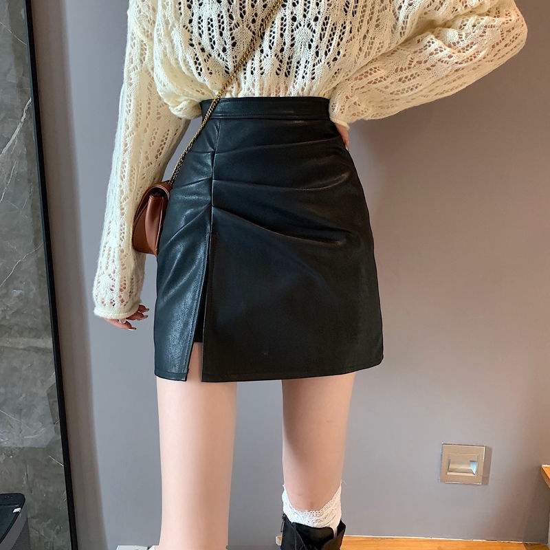 Chân váy chữ A lưng cao bằng da PU xẻ tà thời trang thu đông chất lượng cao
