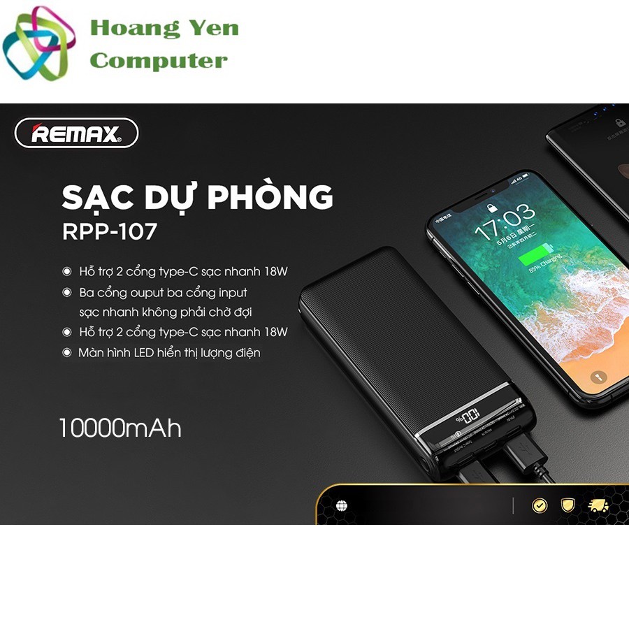 Sạc Dự Phòng Remax RPP-107 10000Mah Sạc Nhanh QC 3.0, PD 18W 3 Cổng Sạc Vào, 2 Cổng Sạc Ra, Màn Hình Led