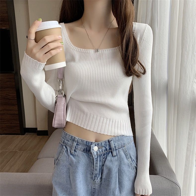 Áo Sweater Dệt Kim Cổ Vuông Dáng Ngắn Thời Trang Thu Đông Cho Nữ