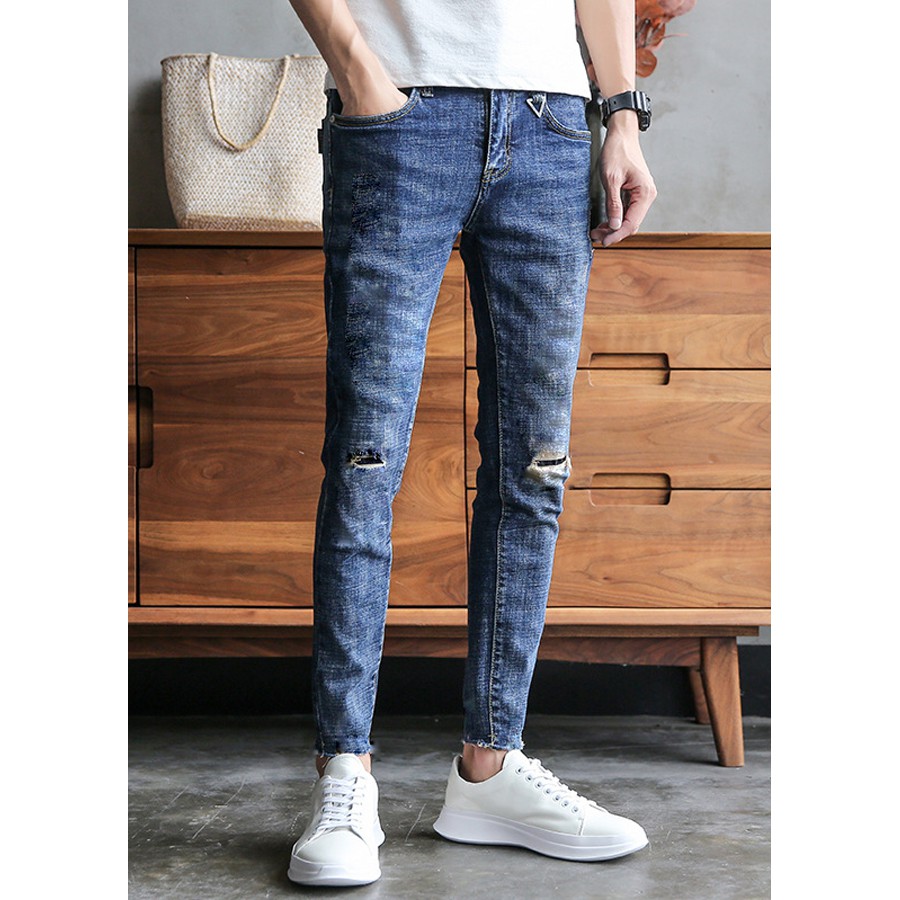 Quần Jean Nam Màu Xanh Đậm Dáng Trơn Ôm Body Hàn Quốc | BigBuy360 - bigbuy360.vn