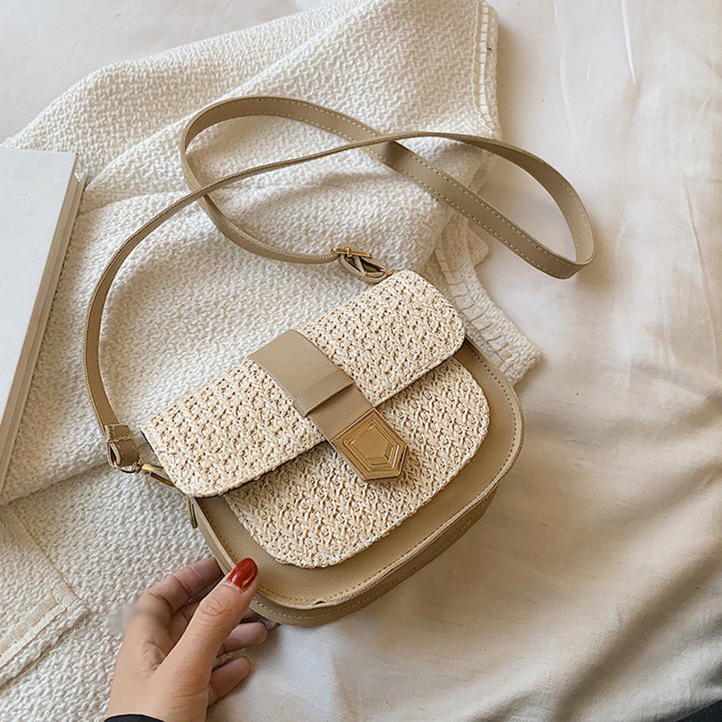 Túi cói đeo chéo vai/đeo một bên vai phong cách Tây phương cổ điển mùa hè thanh lịch cho nữ