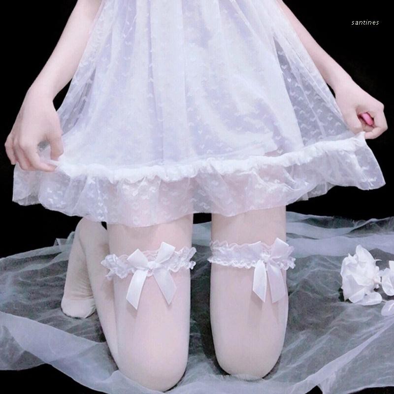 Vớ cao đến đùi phong cách Lolita phối ren ngọt ngào đính nơ cho nữ 
