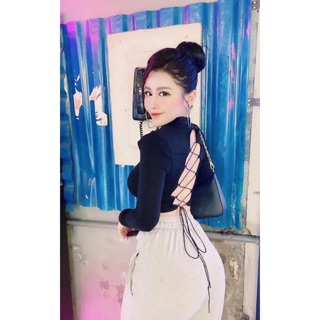 Áo croptop tay dài hở lưng đan dây sau siêu sexy hot cực kỳ - 45N