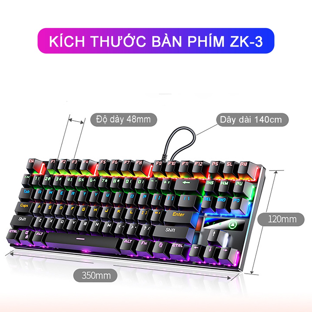 Bàn phím cơ gaming có dây SIDOTECH ZK-3 TKL 87 phím blue switch đèn led nhiều chế độ cho máy tính laptop