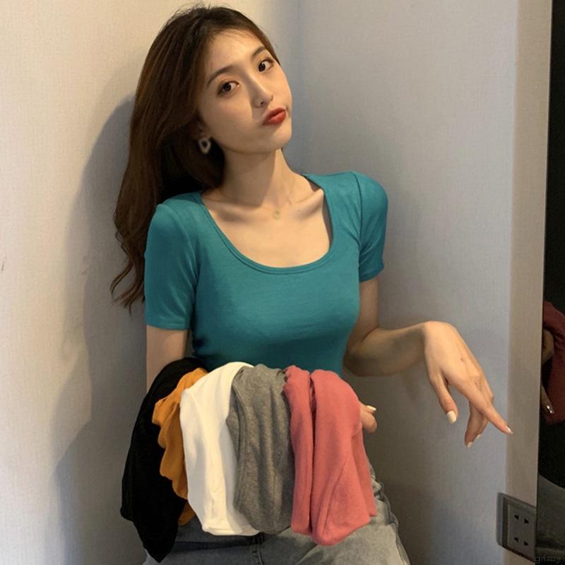 Áo Thun Lửng Tay Ngắn Cổ Vuông Màu Trơn Phong Cách Hàn Quốc