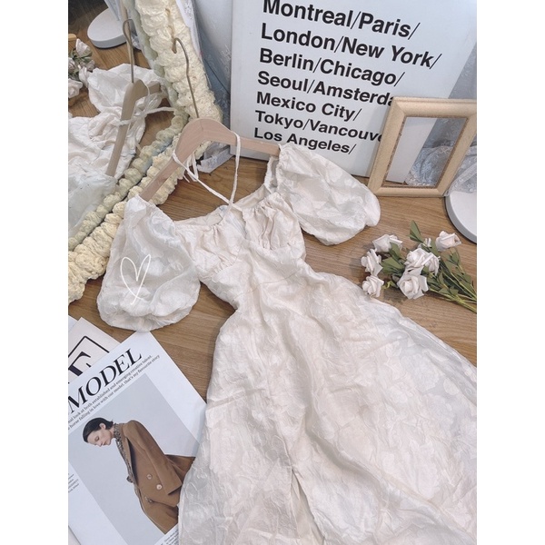 ĐẦM HOA NỔI TAY BỒNG CHÉO DÂY CỘT CỔ MIDI KEM