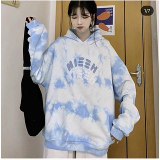 Áo hoodie loang màu xanh phối nón Unisex