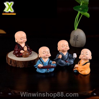Bộ 4 tượng chú tiểu mini tụng kinh gõ mõ, trang trí bàn làm việc taplo ô tô