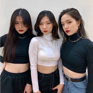 Áo thun croptop gân dài tay nữ đen trắng