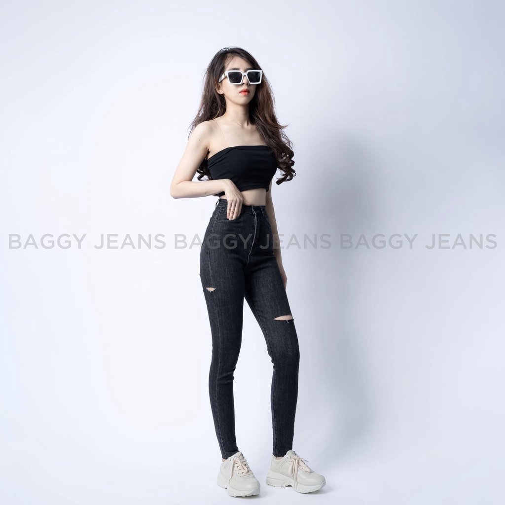 Quần Jean Cạp Cao Co Giãn Tôn Dáng, Quần VNXK Skinny Chất Mịn Rách Ít 2 Màu