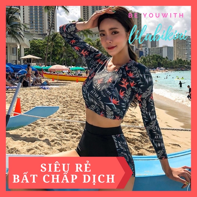 [SIÊU RẺ] M9 Bikini/bộ bơi 2 mảnh áo dài tay họa tiết thắt dây lưng quần đen năng động đi biển hè 2021
