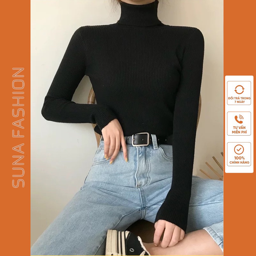 Áo thun nữ cổ lọ tay dài co dãn ôm dáng, Áo thun thu đông cổ lọ SUNA FASHION