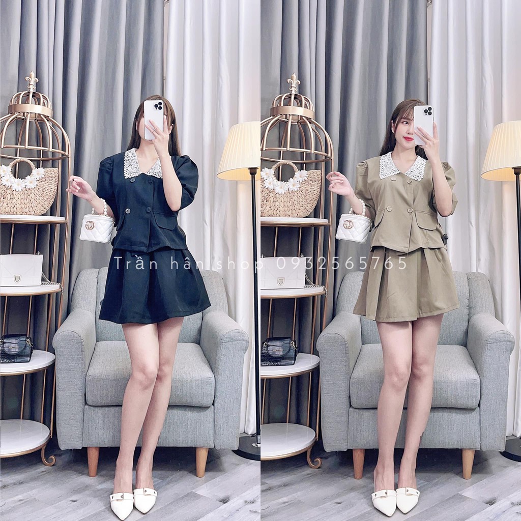 set bộ nữ áo vest cổ ren gài nút túi nắp kèm cv xếp ly siêu nhẹ nhàng💟MS:4011379