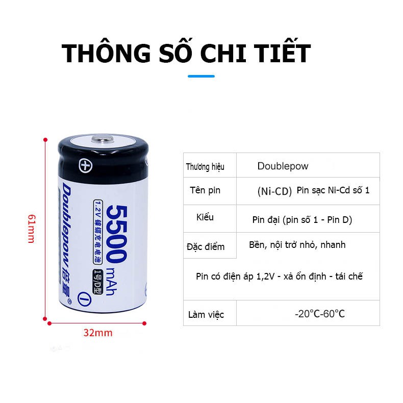 [Hộp 02 viên] Pin đại sạc lại số 1 loại D 5500 mAh Ni-Cd - Doublepow - loại cao cấp, dung lượng thực