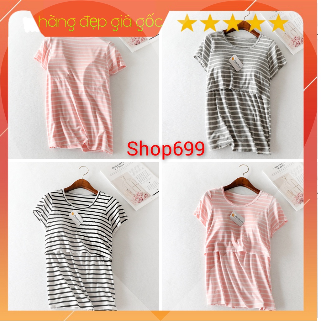 (CÓ SẴN) ÁO THUN COTTON KẺ NGANG MẶC BẦU BÍ HOẶC SAU SINH KÈM MÚT BRA. HÀNG QC CHẤT LƯỢNG CAO