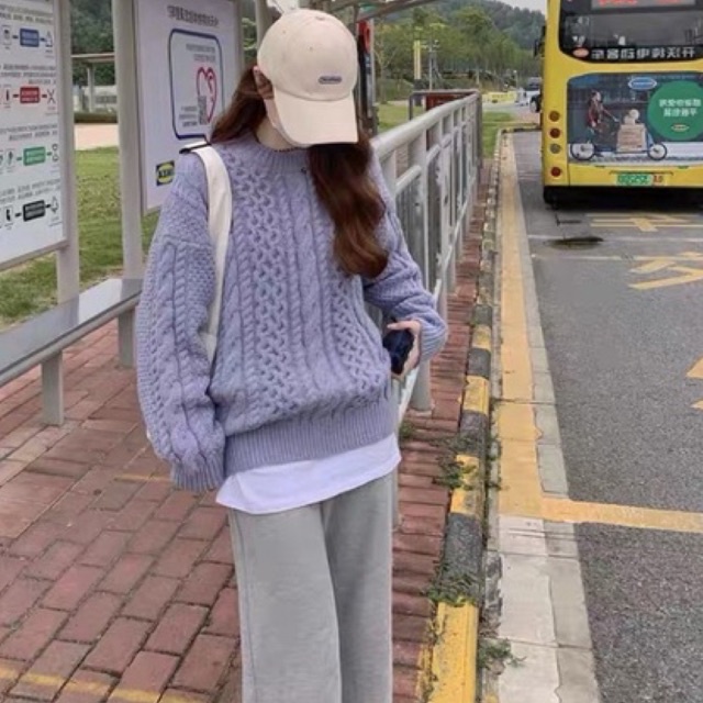 Áo len cổ tròn trơn vặn thừng chất len lông siêu mềm mại form basic phong cách thoải mái thu đông