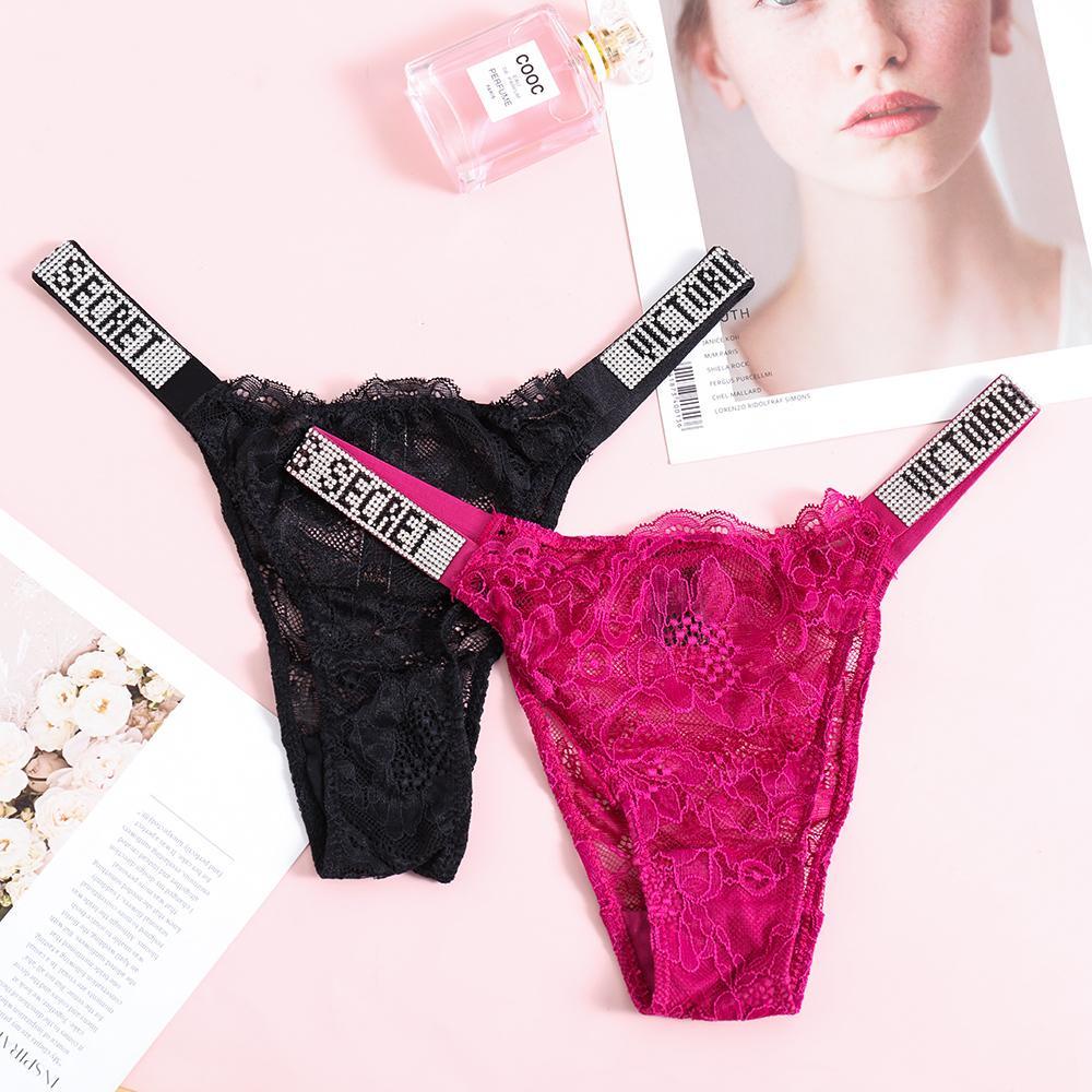 BORAG Quần Lót Ren Hoa Lưng Thấp Thoáng Mát Hoạ Tiết Chữ Cái Đính Đá Lấp Lánh