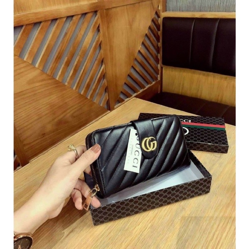 Ví dài thời trang nữ nắp cài g.u.c.c.i da bóng trần chỉ siêu đẹp