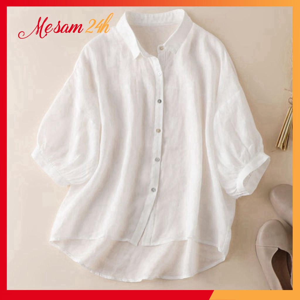 Áo sơ mi nữ tay lỡ cổ đức, kiểu tay nhún, hàng thiết kế chuẩn đẹp, chất liệu Đũi mềm, mát mẻ, trẻ trung