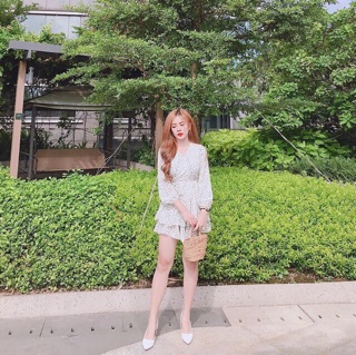 Jumpsuit chấm bi thắt eo - Hình thật