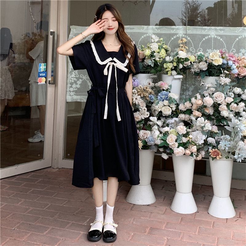 Đầm Cổ Búp Bê Cột Dây Thời Trang Mùa Hè Phong Cách Pháp Thanh Lịch