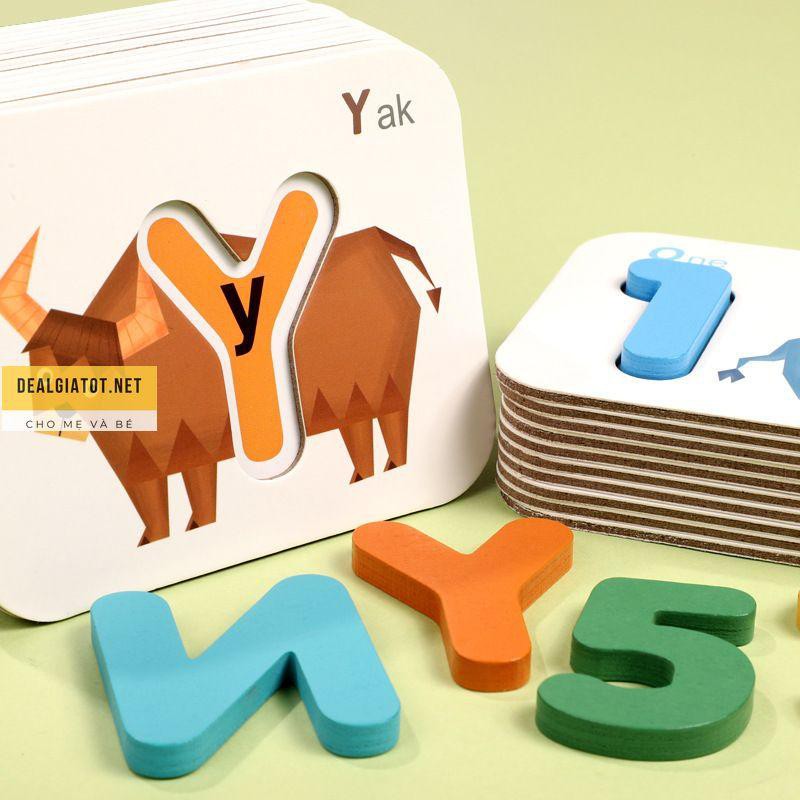 Bảng chữ cái và số đếm tiếng Anh bằng gỗ hình động vật đồ chơi Simba giáo cụ Montessori cho bé