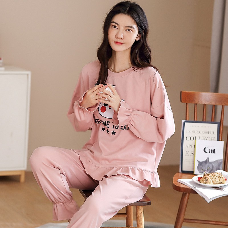 Bộ Đồ Ngủ Pijama Dài Tay In Hình Gấu Dễ Thương Phong Cách Hàn Quốc Cho Nữ