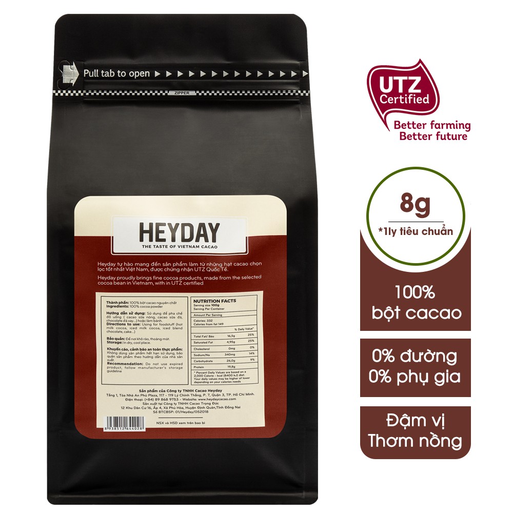 Túi zip 500g Bột cacao nguyên chất 100% không đường Heyday - Dòng Origin thượng hạng - Chuẩn UTZ Quốc Tế