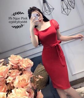 Đầm body tay lưới eo nơ M/L/XL/2XL