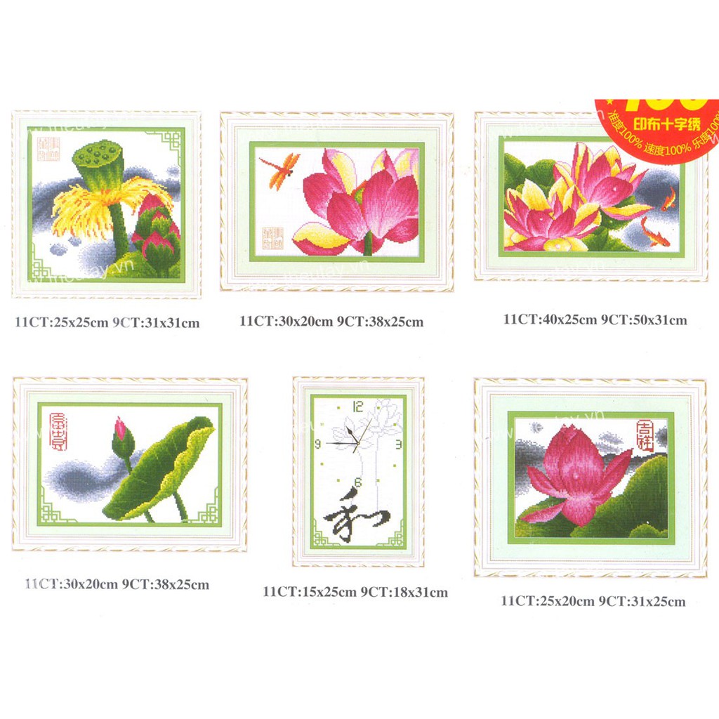 Tranh Thêu Chữ Thập Đồng Hồ Hoa Sen 6 Bức 222058 (Khách tự thêu) 25x25 cm, 2: 30x20 cm, 3: 40x25 cm,