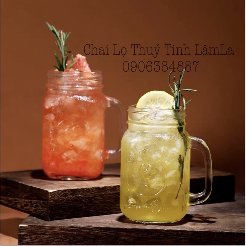 Cốc Ly Quai Thuỷ Tinh Hình Drinking Jar Nắp Nhôm Bạc 480ml