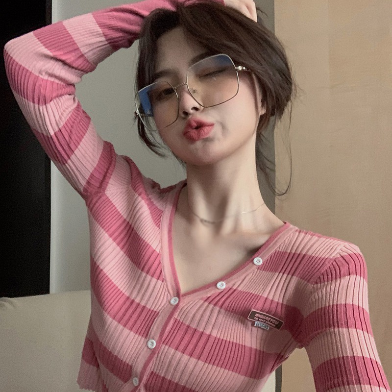 Áo Croptop Dệt Kim Tay Dài Cổ Chữ V Họa Tiết Kẻ Sọc Thời Trang Hàn Quốc Cho Nữ