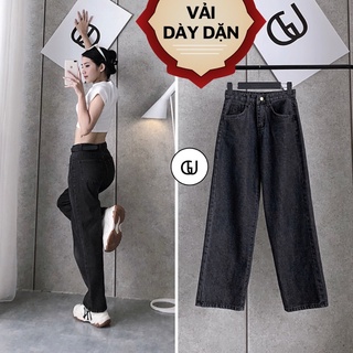 Quần Jean Nữ Ống Rộng Dáng Suông Dài Cạp Lưng Cao Màu Đen GUF