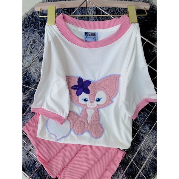 Set áo cotton cáo hồng thêu phối viền tay quần suông gân hình thật L12