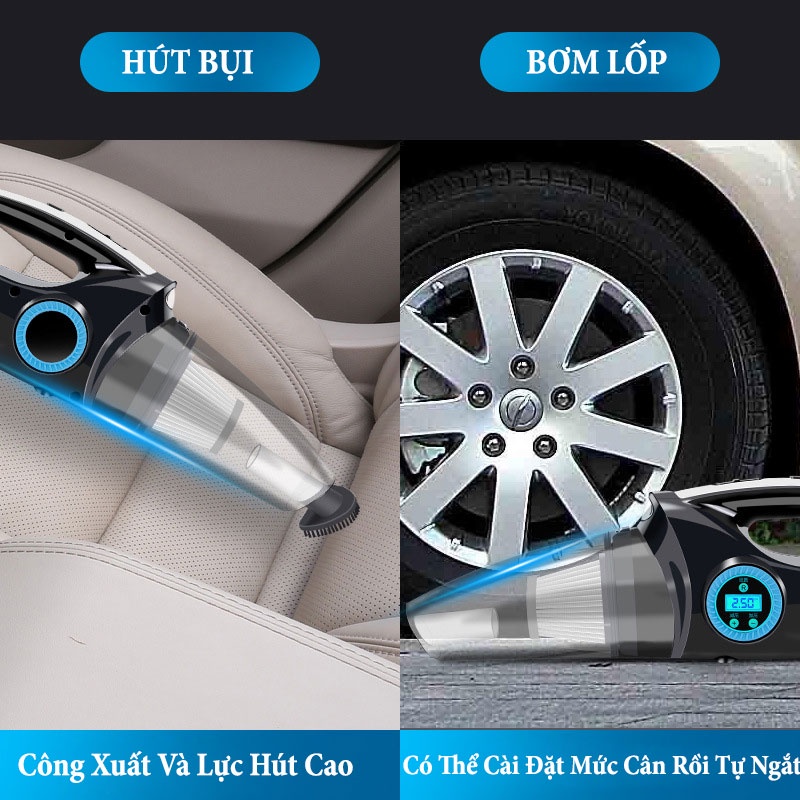 Máy Hút Bụi Ô Tô Cầm Tay Mini 4 Trong 1 - Công Xuất 120W Kiêm Bơm Lốp Xe Ô Tô,Xe Máy,Có Đèn Pin Chiếu Sáng Tiện Lợi Ver4