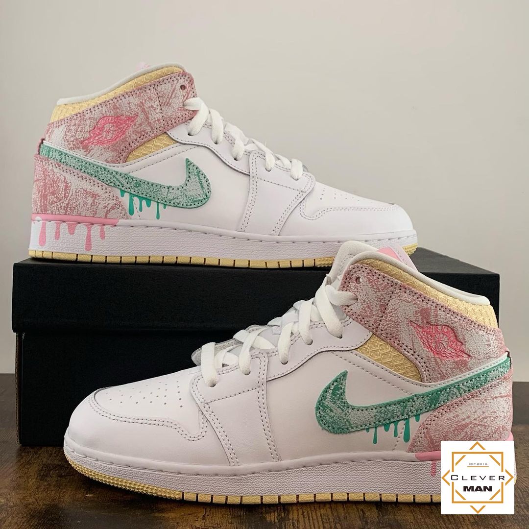 (FREESHIP+FULLBOX) Giày Thể Thao AIR JORDAN 1 Mid Paint Drip Màu Hồng Giọt Sơn Nhỏ Giọt Cổ Cao