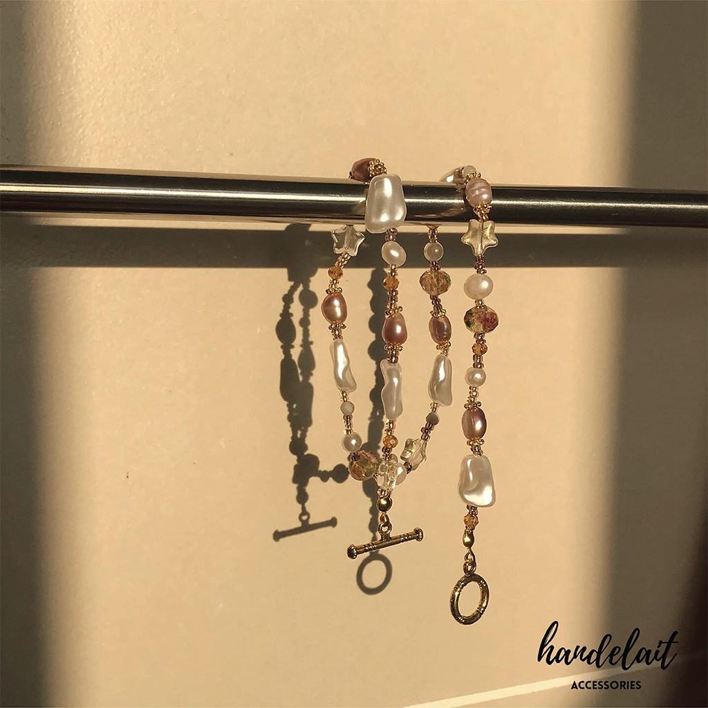 Vòng Tay Caramel Handelait Đính Hạt Đá Nhân Tạo Cườm Chốt OT Mạ Vàng Màu Beige Nữ Tính Thanh Lịch