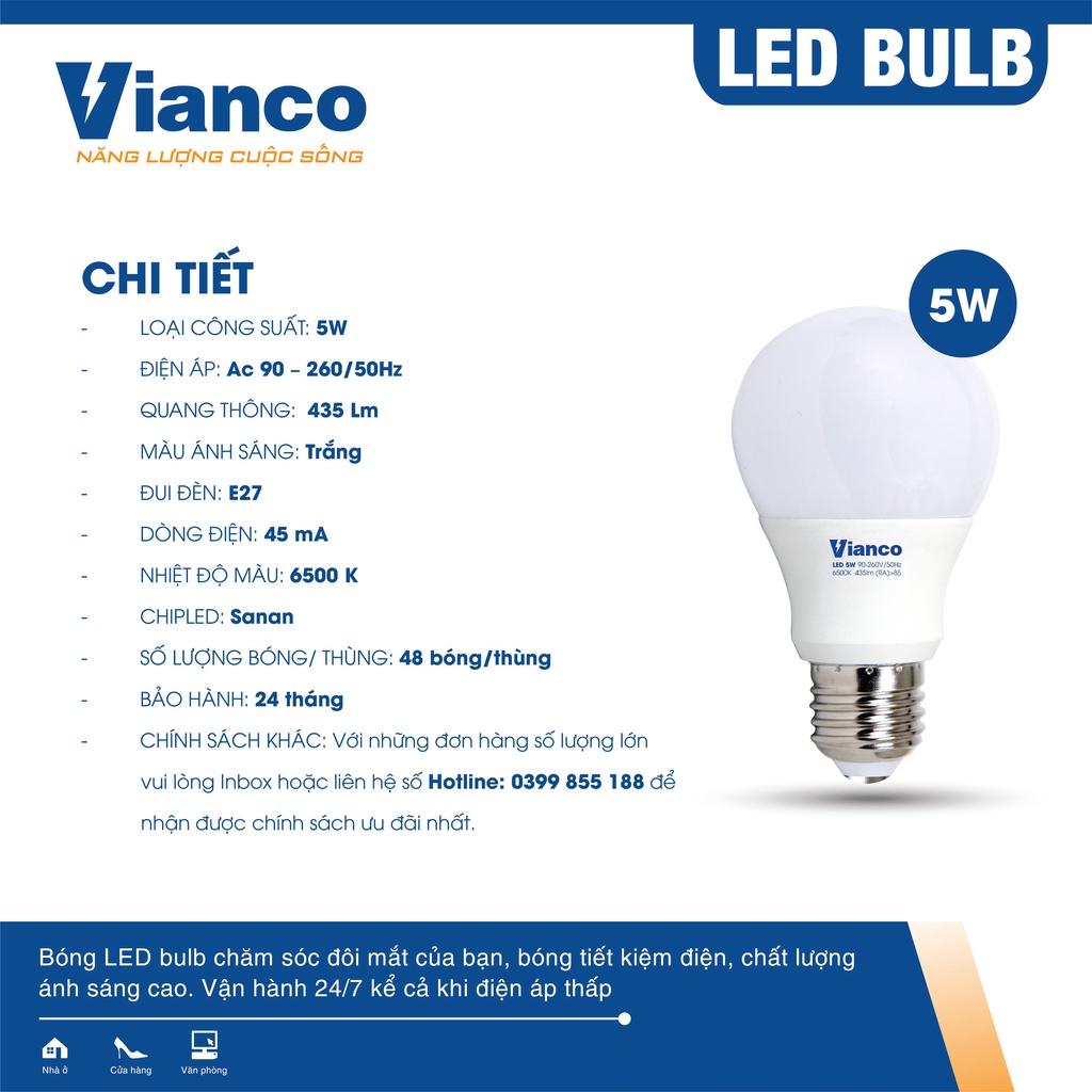 Bóng Đèn Led Bulb Tròn VIANCO Tiếm Kiệm Điện Năng, Thiết Kế Nhỏ Gọn, Bảo Hành 24 Tháng 1 Đổi 1