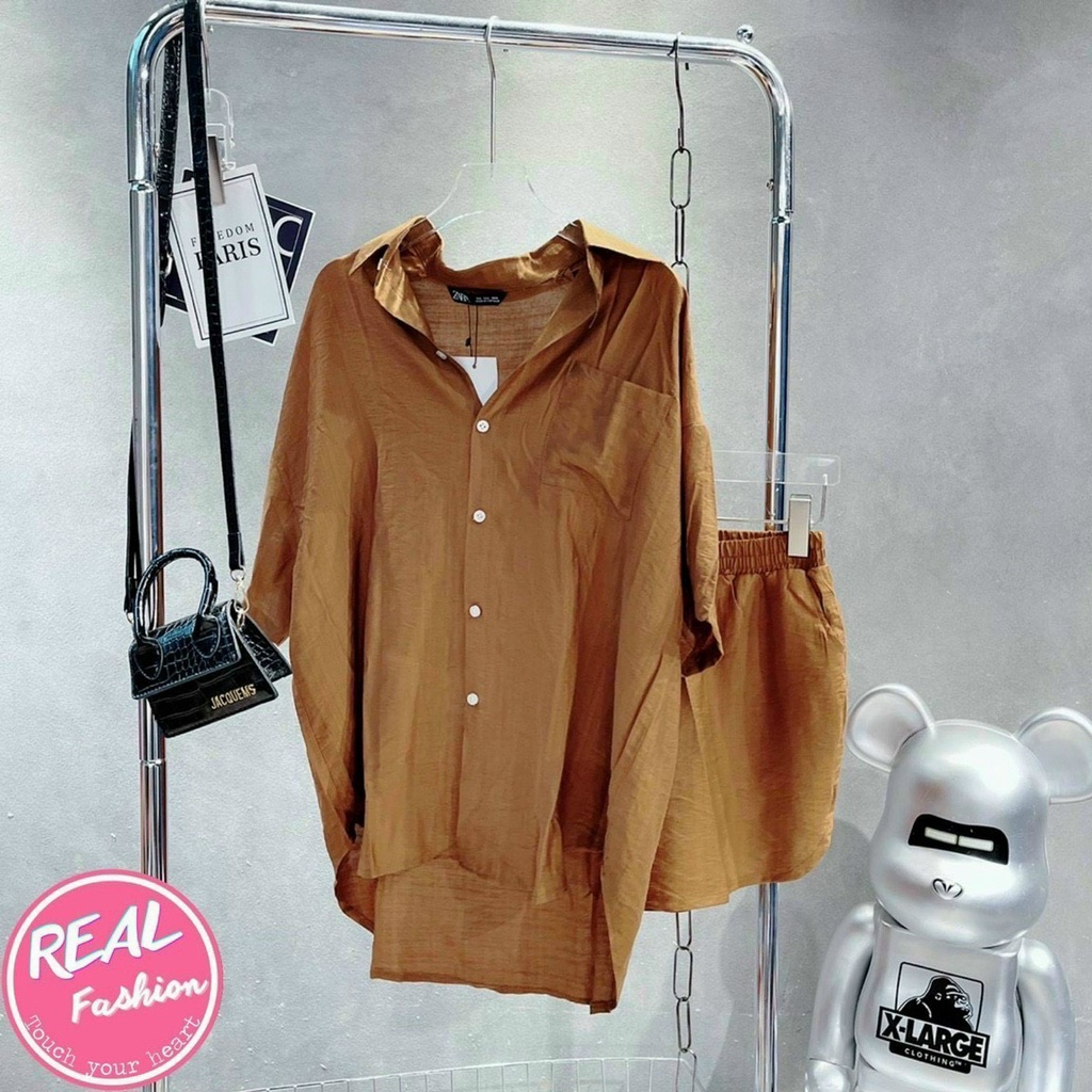 Sét bộ đồ đũi thái áo sơ mi kèm quần short ngắn cực thanh lịch