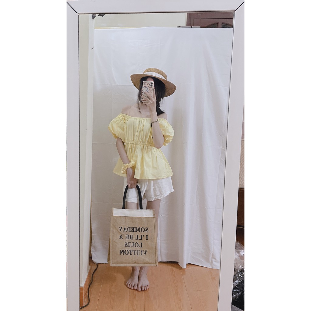 (Ảnh Thật) Áo Trễ Vai Tay Bồng, Áo Bẹt Vai Tiểu Thư Kèm Nơ Chất Cotton Xịn