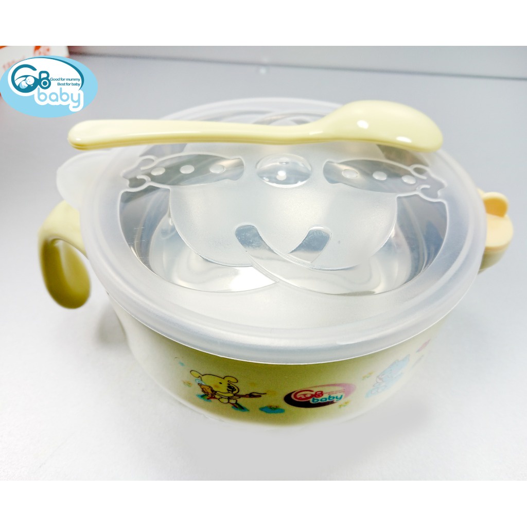 Bát ăn dặm Inox GB-Baby 7739 tặng kèm thìa cùng màu tích hợp chức năng hâm thức ăn ở đáy bát cho bé chính hãng