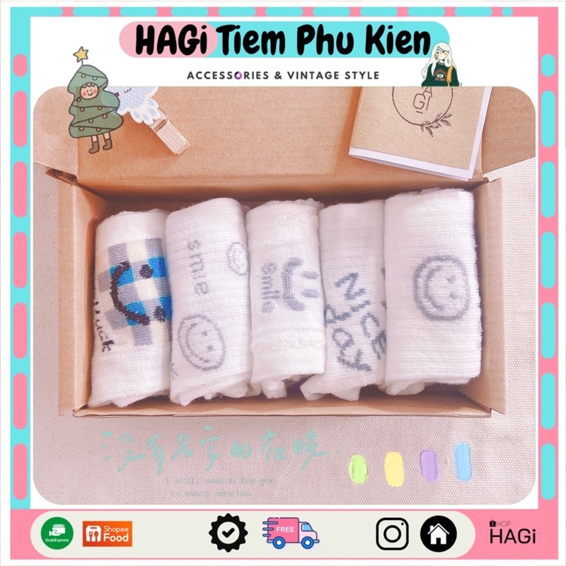 Set 5 Đôi Tất nữ Vintage Trắng Phối Ren Hoạ Tiết Smile Nice day Good luck Phong cách Hàn quốc Học sinh Sinh Viên