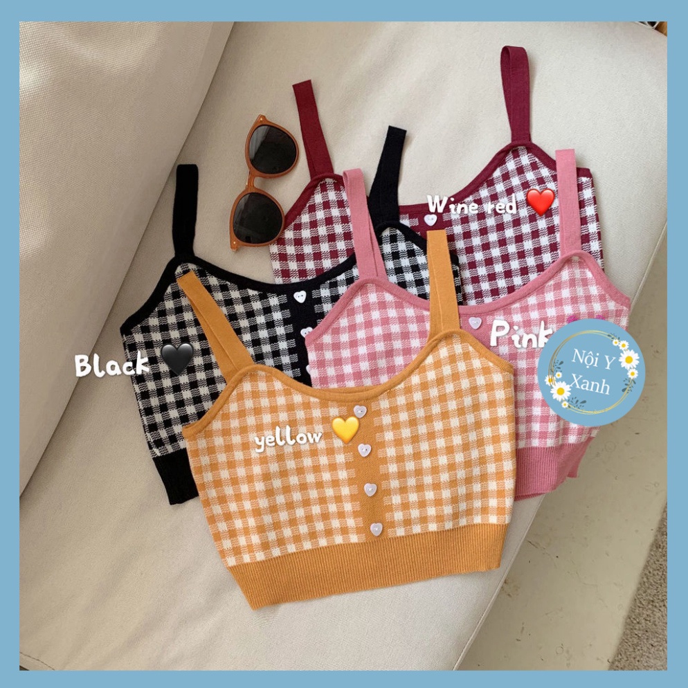 Áo hai dây dệt kim họa tiết sọc caro phong cách retro nội y xanh hàng đẹp thấm hút mồ hôi