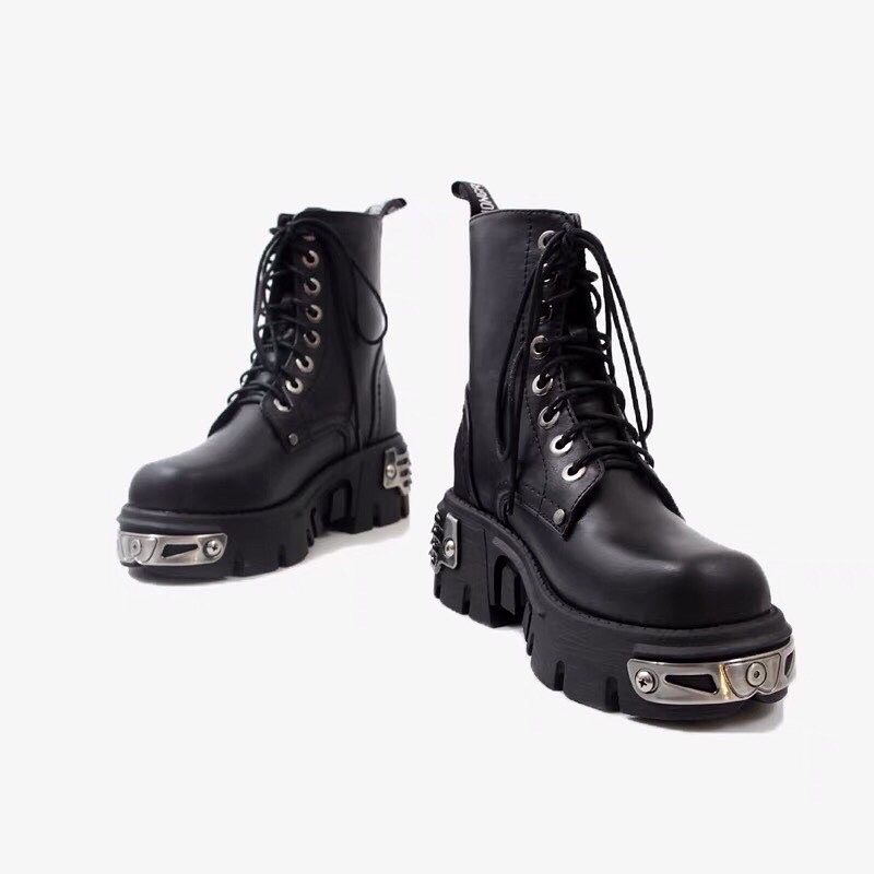 Giày da New Rock boot cao cổ đinh tán đế cao 5cm chiến boots giày nam nữ phong cách gothic