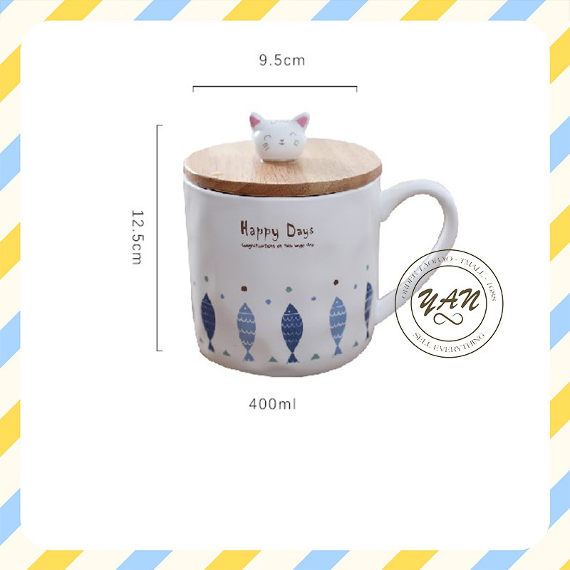 Ly Cốc Gốm Sứ Happy Days Nắp Gỗ 400ml Chất Lượng Cao Kèm Nắp Đậy Có Thìa YANDY DECOR