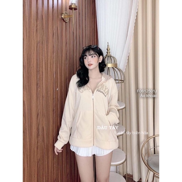 Áo khoác nỉ có nón kéo khóa ngực thêu chữ phối túi trước form rộng tay dài!