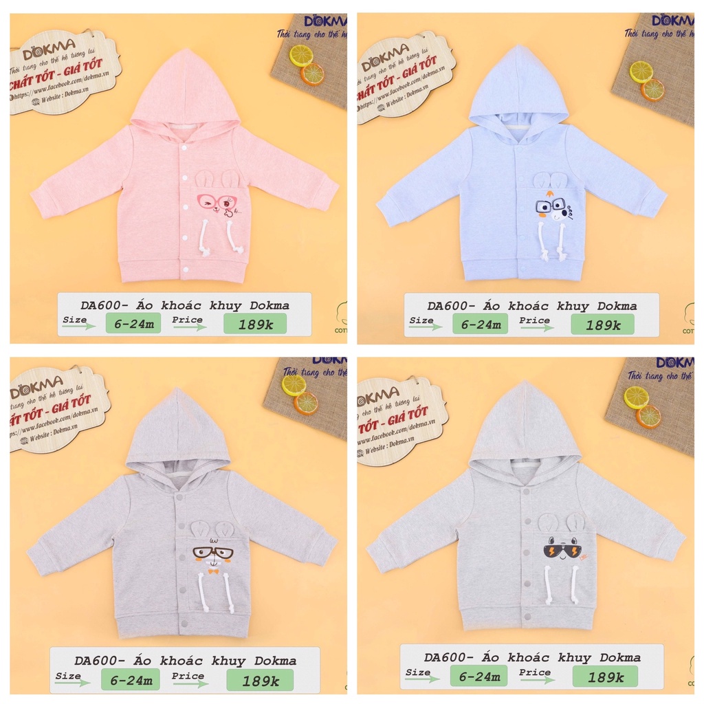 💥 Áo khoác nỉ mịn, mềm 6-24 tháng tuổi thu đông Dokma Voi.kids DA600