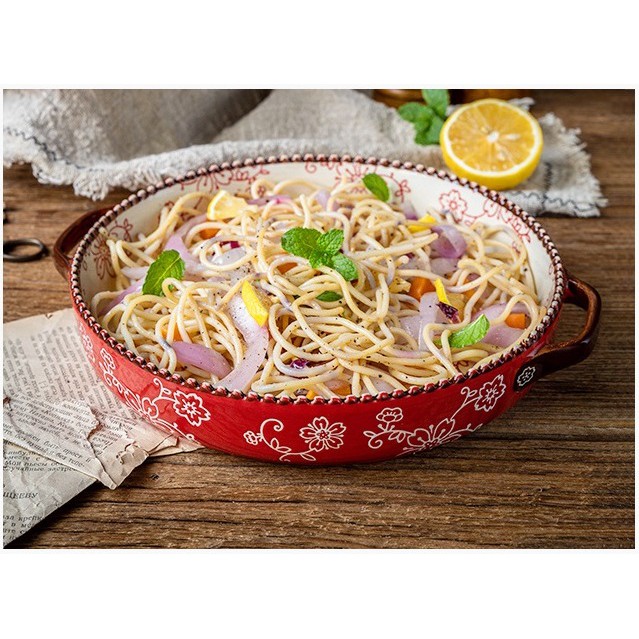 Đĩa sứ 2 tai trộn salad họa tiết hoa anh đào vẽ chìm phong cách Nhật Bản cao cấp