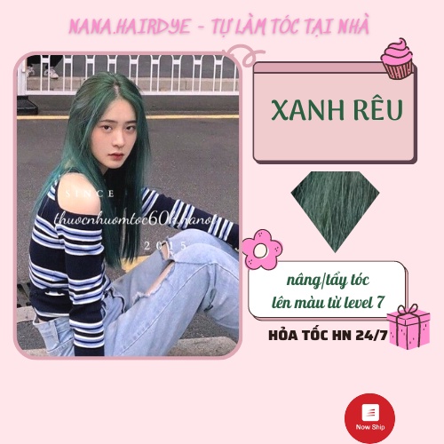 Thuốc nhuộm tóc màu Xanh Rêu, Green tặng kèm mũ chụp, oxy trợ dưỡng găng tay